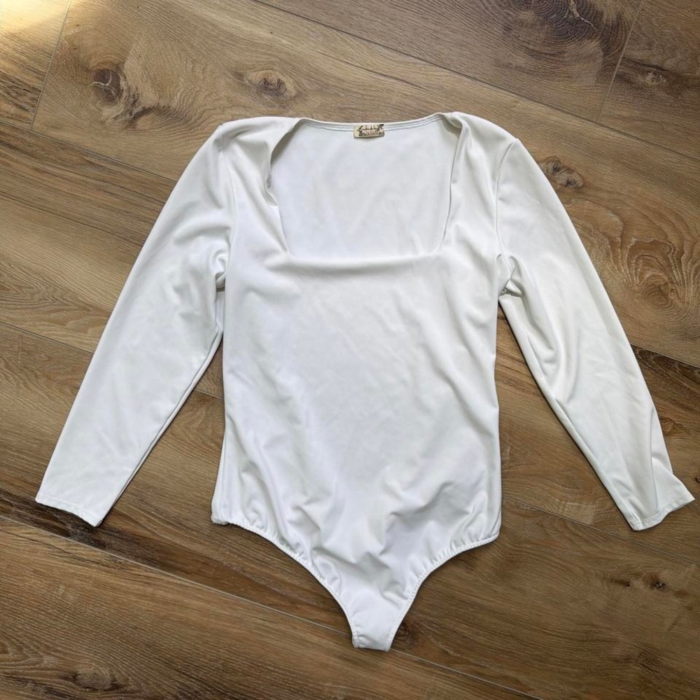 Intimately Free People Womens White Long Sleeve‎ Square Neck Bodysuit Thong SZ L